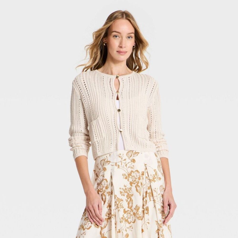 Women's Pointelle Lady Cardigan Sweater - A New Day Cream M